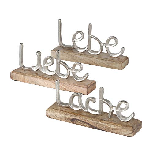 Schriftzug Lebe Liebe Lache Dekoaufsteller Tischdeko Aluminium Mangoholz 3er Set von BOLTZE