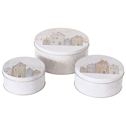 BOLTZE 3tlg Set Gebäckdosen Houses I Ø 13,5cm, 16cm & 20cm I Winterlandschaft mit Schneeflocken I runde Plätzchen-Dose, Vorratsdose, Metall-Box, Geschenkdosen I Weihnachts-Bäckerei, Advents-Kekse von BOLTZE