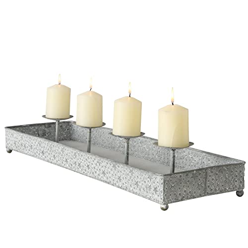 BOLTZE Kerzenleuchter Finno rechteckig I (LxH) 70x11cm I Kerzenständer aus Zink mit Sternen-Dekor I Advents-Kerzenhalter auf Tablett für 4 Stumpenkerzen I Tisch-Deko zu Weihnachten, Kranz, Wohnzimmer von BOLTZE