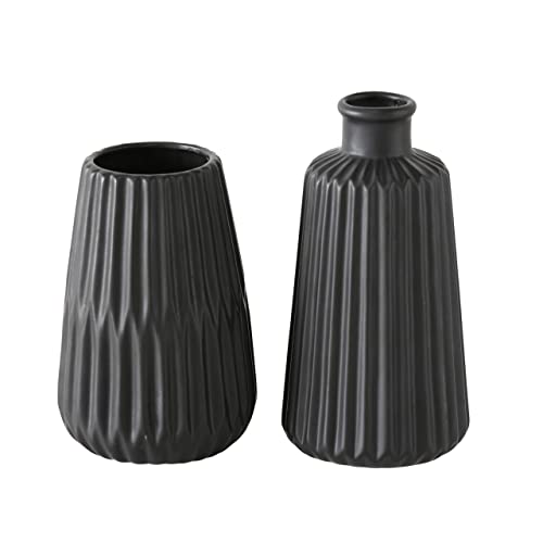 Boltze Vasen Set Esko 2-teilig, Blumenvasen aus Keramik, ø ca. 8,5 cm, ohne Blumen, skandinavischer Stil, Schwarz Lasiert von BOLTZE