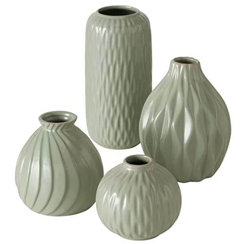 Boltze Vasen Set Zalina 4-teilig (grün, Blumenvasen Porzellan lasiert, Deko-Vasen verschiedene Muster + Größen, Höhe 9-19 cm, ø 9-11 cm) 2025736 von BOLTZE