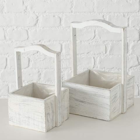 Pflanztopf Holz mit Holzbügel Pappel weiß Shabby Look H 23-28 cm 2er Set von Boltze