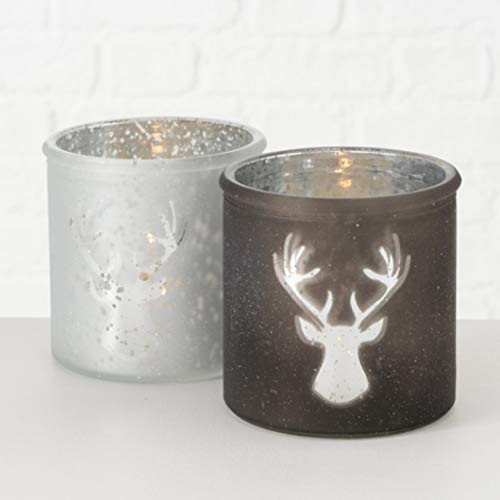 Windlicht Kerzenhalter Teelichthalter Motiv Hirsch grau Silber weiß 2er Set von BOLTZE