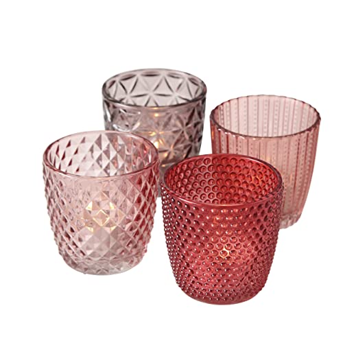 Boltze Windlicht Set Marilu 4-teilig (lila/rosa, Deko-Gläser für Kerzen / Teelichter, Kerzenständer ø 8 cm, verschiedene Muster, Form rund, Teelichthalter) 1017892 von BOLTZE