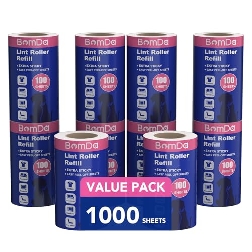 BomDa 1000 Blätter Extra Klebrig Fusselrolle 10 Rollen mit je 100 Blatt - Fusselroller für Tierhaare, Katzenhaare, Hundehaare Staub & Fussel- Lint Roller für Kleidung, Sofa (1000 Blätter) von BomDa