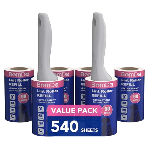 Extra Sticky Fusselrolle für Tierhaare, 540 Blätter, 6 Rollen mit 2 Abroller, Extra Klebrige Fusselrolle für Kleidung, Haare, Katzenhaare, Hundehaare (540 Blätter) von BomDa