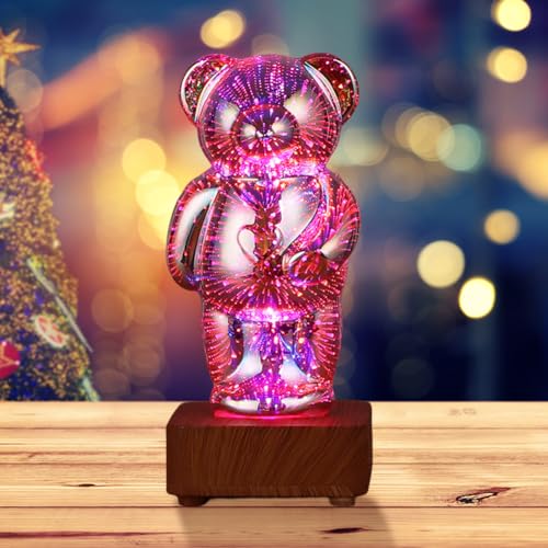 3D-Feuerwerk-Bär-Nachtlicht, Glas-Tischlampe, 8 wechselnde Farben, Nachttischlampe für Zimmer, Schreibtischdekoration, Wohnzimmer, Heimdekorationen, tolles Geschenk zum Geburtstag, Valentinstag, für von BomKra