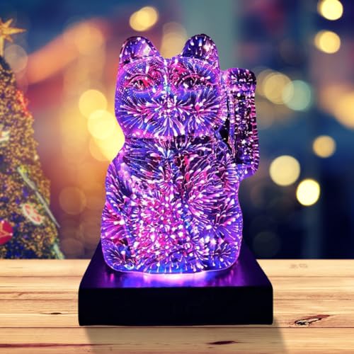 3D-Feuerwerk-Katzen-Nachtlicht, Glas-Tischlampe, 8 wechselnde Farben, Nachttischlampe für Zimmer, Schreibtischdekoration, Wohnzimmer, Heimdekorationen, tolles Geschenk zum Geburtstag, Valentinstag, von BomKra