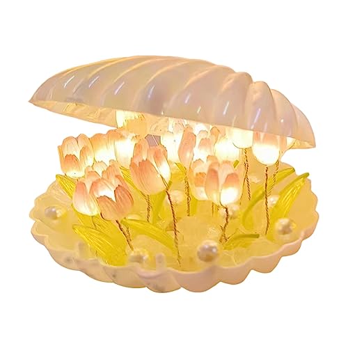 BomKra DIY Tulpe Nachtlicht Muschel Lampe mit Perle, Kristall Blume Schlafzimmer Schlafzimmer Tischlampe Kinder Mädchen Paar Freunde Geschenk Atmosphäre Dekoration Schreibtisch Ornament (Weiß) von BomKra