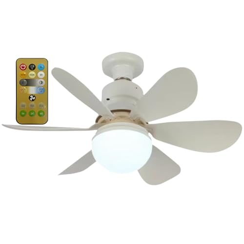 BomKra E27 Deckenventilator mit Beleuchtung und Fernbedienung,30w Deckenlampe mit Ventilator,3 Geschwindigkeiten,3 Modi Dimmbar,Timer,LED Deckenleuchte mit Ventilator für Schlafzimmer (Weiß) von BomKra