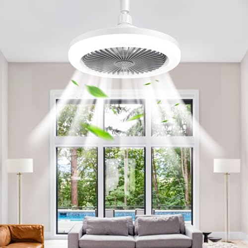 Deckenventilatoren mit Beleuchtung mit Fernbedienung, Timing, 3-farbig dimmbare LED, kleine elektrische Ventilatorlampe für kleine Räume, Schlafzimmer, Zuhause, Büro (Grau mit Fernbedienung) von BomKra