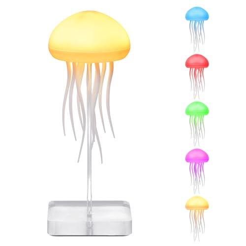 BomKra LED Quallen Lampe, RGB Farbverlauf Quallenlampe, Jellyfish Lamp mit Sprachsteuerung und Touch, Schwebende Quallen Lampe mit Rotierende Tentakel (Mit Sockel) von BomKra