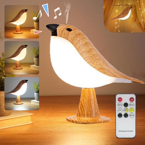 BomKra LED Touch Nachttischlampe - Kleine Kabellose Tischlampe mit Vogelruf und Aromatherapie, Dimmbare Tischlampe mit Fernbedienung & Timer, Nachtlicht Kinder für Schlafzimmer von BomKra