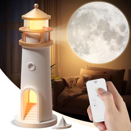 BomKra Leuchtturm Deko, LED Mondlicht Projektor Lampe mit Fernbedienung, Nachtlicht Kinder Sternenhimmel, Leuchtturm Geschenk (Fernbedienung) von BomKra