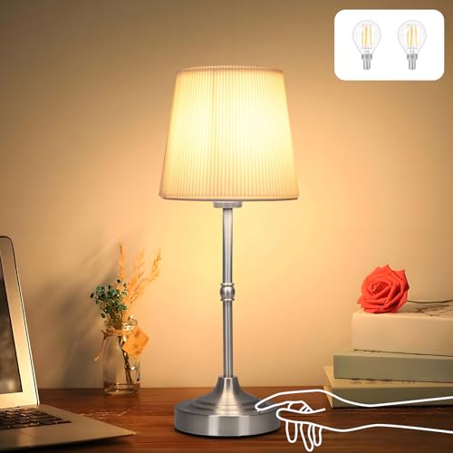 BomKra Nachttischlampe Touch Dimmbar - LED Kabellos Tischlampe, 5200mAh Aufladbare Akku Lampe mit USB, Tischlampe für Schlafzimmer Wohnzimmer Büro (Silber) von BomKra