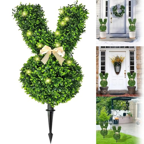 Bunny Topiary, Künstlicher Hasenbaum, Hasen-Topiary Buchsbaum Künstlich, künstliche Formschnittbäume mit Erdspieß, Osterdeko Draußen, Gartendekoration (55cm mit Lichtern) von BomKra