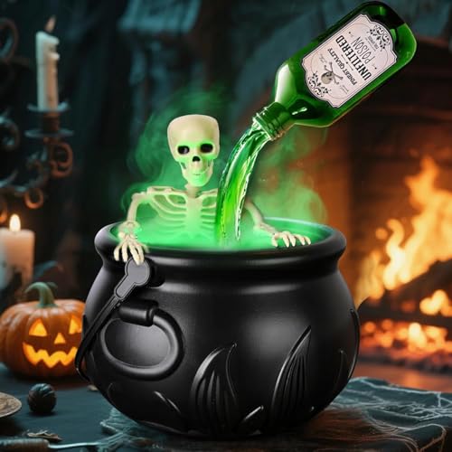 Halloween Decorations Indoor - Witch Cauldron Halloween Decor with Magic Floating Potion Bottles and Diffuser, Black Plastic Witch Cauldron for Home Table Mantel Kitchen Room (25 cm + Skelett) von BomKra