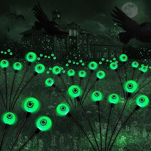 Halloween-Dekorationen für den Außenbereich, solarbetrieben, gruselige Augapfel-Lichter, 2 Stück, 12 LEDs, grüne Augapfel, schwingende Glühwürmchen-Lichter, wasserdicht, Solar-Halloween-Wegeleuchten von BomKra