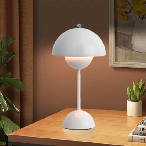 LED Flowerpot Tischlampe Kabellos Akku Pilz Lampe, Modern Macaron Lampe Retro Touch Dimmbar Tischleuchte mit 3 Farben Nachttischlampe für BüRo,Bars,Wohnzimmer,Schlafzimmer (Weiß) von BomKra