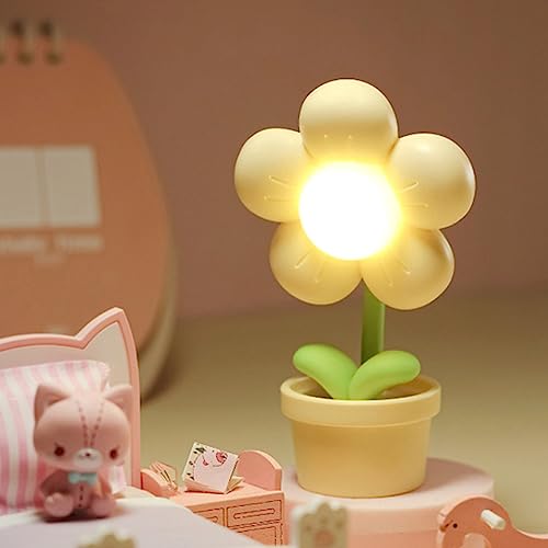 Mini Night Light Flower Cartoon Cute Night Lamp, Portable LED Desk Decor Lamp Battery Operated Adjustable Flower Bedside Lamp for Kids Students Childrens Gift Bedroom Nursery (Yellow) von BomKra