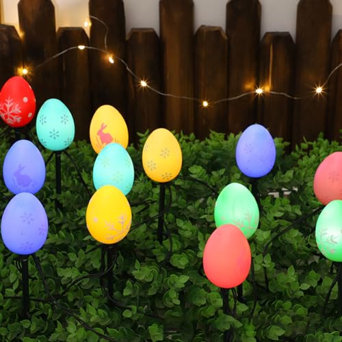 Solar-Ostereier-Lichter mit Pfahl, 20 LED-Ostereier-Lichter für Ostern im Freien, 8 Beleuchtungsmodi, Ostereier-Lichter, wasserdicht, Wegelichter für Hof, Garten, Weg, Rasen von BomKra