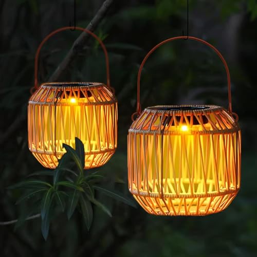 Solarlampen für Außen Hängend - Solar Laternen Rattan 2 Stück, Solar Lampions Außen Wetterfest, Solarleuchten für Garten Balkon Terrasse Deko von BomKra