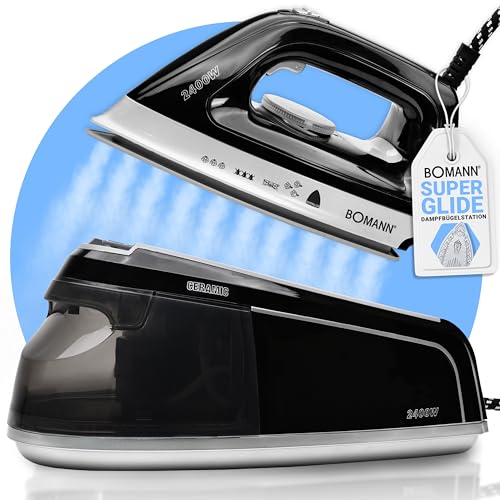 Bomann® Dampfbügelstation mit Dampf Bügeleisen | 3,5 bar | Dampfbügeleisen mit Superglide-Sohle & 1,2L Wassertank | 80 min. Betriebsdauer | 2400W | Bügeleisen Dampf m. Anti-Tropf-System | DBS 6034 CB von Bomann