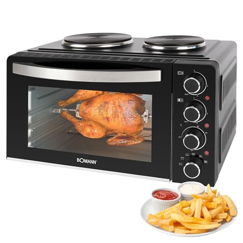 Bomann® Mini-Backofen mit Kochplatten und Drehspieß | gleichzeitig kochen u. backen | Minibackofen 28L Umluft Ober-/Unterhitze 100°-230°C | Elektrischer Mini Ofen 3100 Watt inkl. Zubehör | KK 6059 CB von Bomann