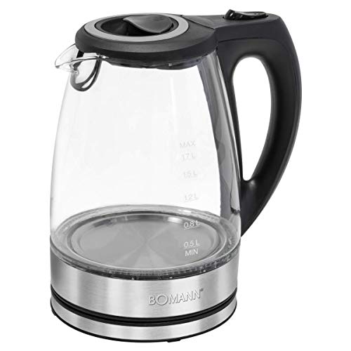 Bomann Glas-Wasserkocher WKS 6032 G CB, 1,7 Liter Füllmenge, Glas-/Edelstahlgehäuse, kabellose Technik - leichtes Ein- und Ausgießen, verriegelter Sicherheitsklappdeckel, 360° drehbare Steckverbindung von Bomann