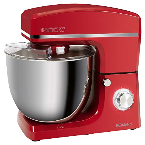 Bomann KM 660362 CB Knetmaschine, 1500W, 8 Geschwindigkeitsstufen, 10 Liter- Edelstahlschüssel für max. 6–6,5 kg, Spritzschutzdeckel mit Nachfüllöffnung, rot von Bomann