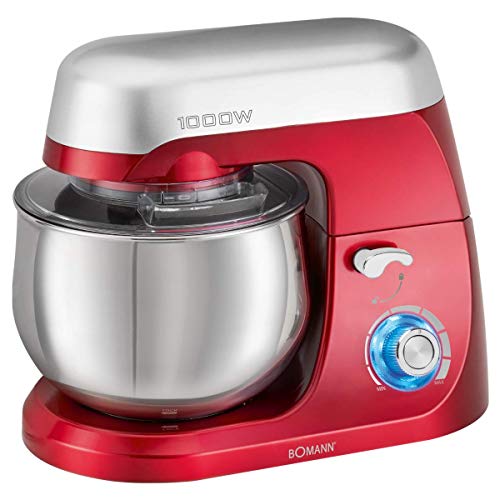 Bomann Knetmaschine | 5 Liter Edelstahlschüssel | 1000 Watt | stufenlose Geschwindigkeitsregelung | Rührhaken + Knethaken + Schneebesen | Transparenter Spritzschutzdeckel (Öffnung) | KM 6009 CB rot von Bomann