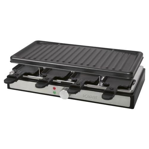 Bomann RG 6039 CB Raclette-Grill, Raclette für bis zu 8 Personen, zum Grillen und Überbacken, mit großer antihaftbeschichteter Grillplatte (42 x 21 cm) und 8 Pfännchen + Holzspachtel, 1400 Watt von Bomann