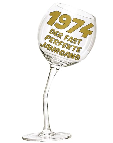 Bombo Weinglas mit gebogenem Stiel für den 50. Geburtstag mit Inschrift in Deutsch. von Bombo