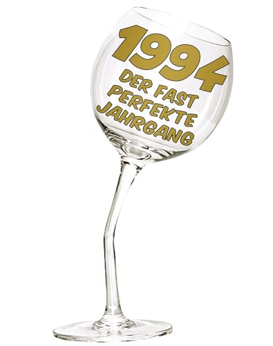 Bombo Weinglas mit gebogenem Stiel für den 30. Geburtstag mit Inschrift in Deutsch. von Bombo