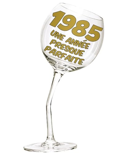 Bombo Weinglas mit gebogenem Stiel für den 40. Geburtstag mit Inschrift in Französisch. von Bombo