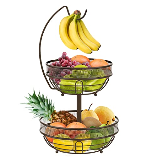 Bomclap 2 Stöckig Obst Etagere - Obstkorb mit Bananenhalter - 2 Etagen Küche Obstschale aus Metall - Abnehmbare Stehend Obstschalen - Täglicher Küche Lagerung Obstkörbe Gemüsekorb - Bronze von Bomclap