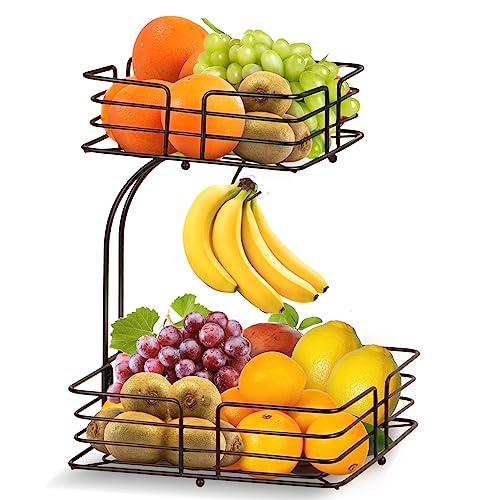 Bomclap 2 Stöckiger Obstkorb mit Bananenhalter Obst Etagere für die Küchentheke Abnehmbar Obstschale aus Metall Küche Obst Gemüse Brot Snacks Aufbewahrungskorb Schwarz von Bomclap