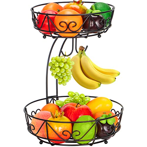 Bomclap 2 Stöckig Obstkorb für Platzersparnis,Obst Etagere Tehend Moderne Obstschalen, Metall Obstkörbe für Obst, Kuchen, Süßigkeiten,Gemüse (2 Stöckig mit Bananenhalter) von Bomclap