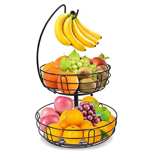 Bomclap Obstkörbe 2 Stöckig Obstkorb Metall Draht mit Bananenhalter, zeitgemäße Obstschale Gemüsekorb,Schwarz von Bomclap