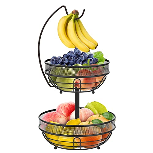 Bomclap Obstkorb 2 Etagen - Obstschale mit Bananenhalter für Küche - Abnehmbar 2 Stöckig Obst Etagere aus Metall - Dekorativer Obstkörbe Gemüse Korb für die Küchentheke - Schwarz2 von Bomclap