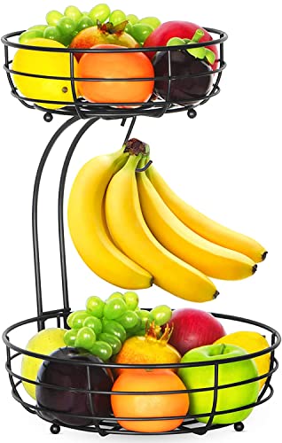 Bomclap Obstkorb mit Bananenhalter - 2 Stöckig Obstschale aus Metall - Küche Stehend Moderne Obstschalen - Dekorativer Gemüsekorb Obstschale - Schwarz von Bomclap