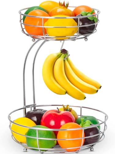 Bomclap Obstkorb mit Bananenhalter - 2 Stöckig Obstschale aus Metall - Küche Stehend Moderne Obstschalen - Dekorativer Gemüsekorb Obstschale - Silber von Bomclap