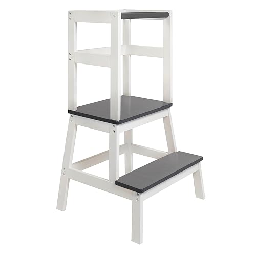 BOMI® Swubi Montessori Lernturm ab 1 Jahr | Sicherer Tritthocker Kinder 2 Stufen | Learning Tower für Kind & Baby aus Holz | Schemel, Lernstuhl als Stehhilfe, Tritthocker Holz, Kinderhocker Weiß Grau von Bomi