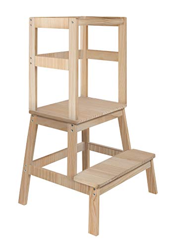 BOMI® Lernturm Swubi Kinder Tritthocker mit 2 Stufen | Treppchen für Kinder unbehandelt | Stockerl für Kind & Baby aus Holz | Schemel, Waschbecken Hocker | Kinderhocker Mädchen & Jungen von Bomi