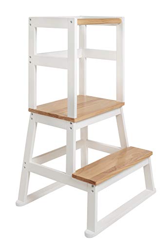 BOMI® Swubi Montessori Lernturm ab 1 Jahr | Sicherer Tritthocker Kinder 2 Stufen | Learning Tower für Kind & Baby aus Holz | Schemel, Lernstuhl als Stehhilfe, Tritthocker Holz, Kinderhocker Weiß Natur von Bomi