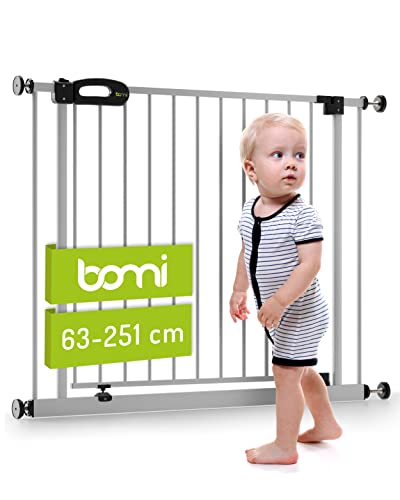 BOMI TÜV & GS Siegel Baby Schutzgitter Treppe Merle 63-251 | Ohne Bohren | 90° Stop | Schließt automatisch | Gittertür aus Metall Weiss | Stabile Baby Schutzgitter Tür für Kindersicherheit von Bomi