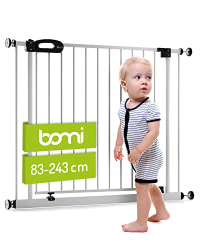 BOMI TÜV & GS Siegel Baby Schutzgitter Treppe Merle 83-243 | Ohne Bohren | 90° Stop | Schließt automatisch | Gittertür aus Metall Weiss | Stabile Baby Schutzgitter Tür für Kindersicherheit von Bomi