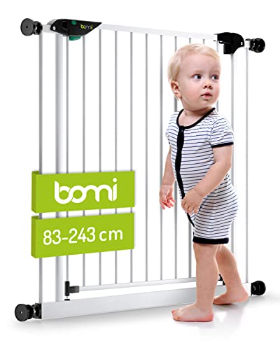 BOMI Babygitter Mira 83-243 | Zum Klemmen | 90° Stop | Schließt automatisch | Treppensicherung für Kinder in Weiß | Child Safety Gate in Extrabreite für Babys, Hunde Katzen von Bomi