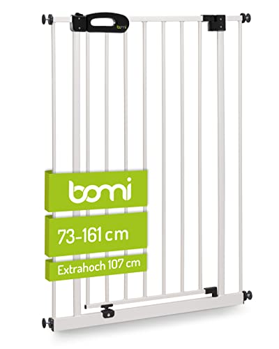 BOMI Kindertreppen Gitter Merle 73-161 cm | Extra Hoch | Ohne Bohren | Schließt automatisch | Baby Gitter Weiss Katzengitter | Kindertreppenschutzgitter Tür und Treppenschutzgitter zum Klemmen von Bomi