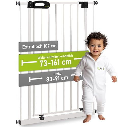 BOMI Kindertreppen Gitter Merle | Extra Hoch 107 cm | Ohne Bohren | Baby Gitter weiss Katzengitter | Kindertreppenschutzgitter Tür und Treppenschutzgitter zum Klemmen | Breite: 83-91 cm von Bomi